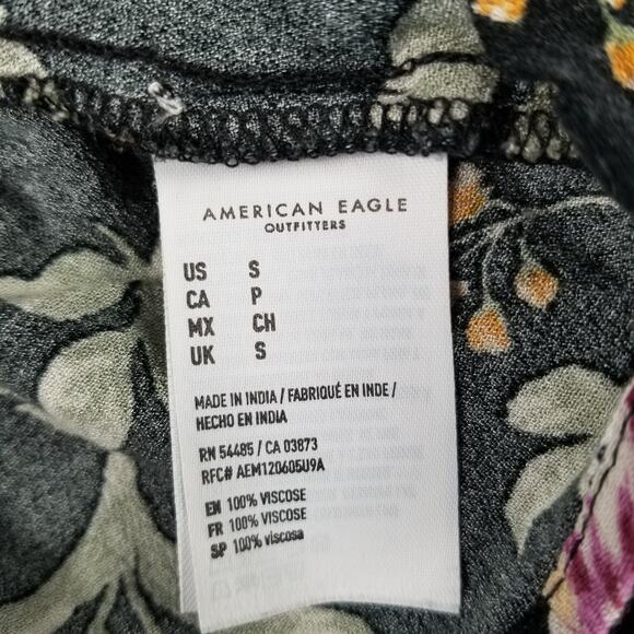 American Eagle Outfitters Black Purple Green Boho Floral Tie Neck Top Size Small - Picture 5 of 5